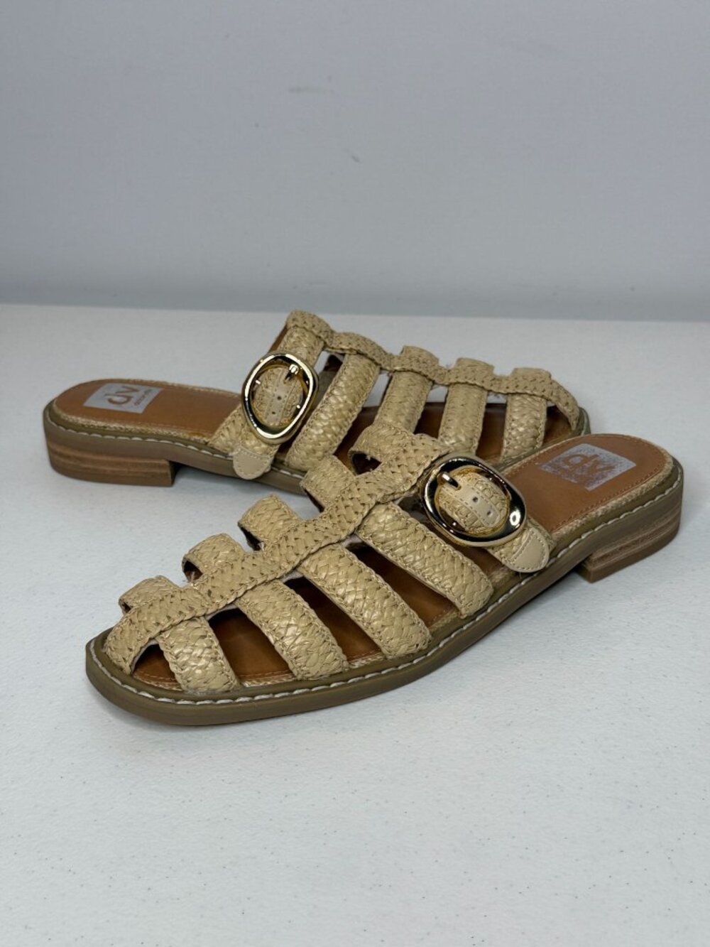 Dolce Vita Womens 7.5 Tan Woven Cage Slide Sandals Gold Buckle Boho Coastal